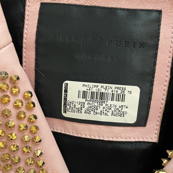Philipp Plein Pink Leather Jacket w/ Studded Sleeves & Crystal Patches S As Is - Picture 4 of 16